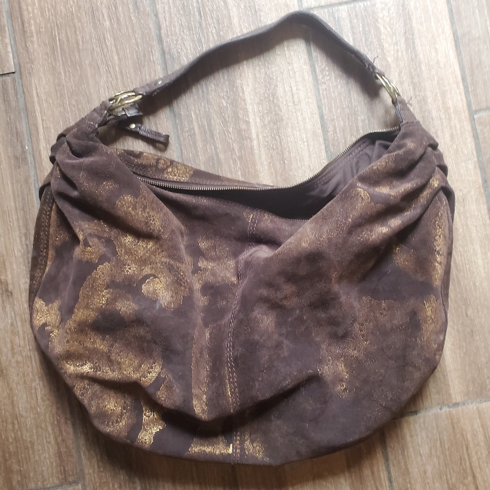 Vintage Lucky Brand Penny's Slouch Hobo Genuine Cowhide Leather Brass Peace Sign